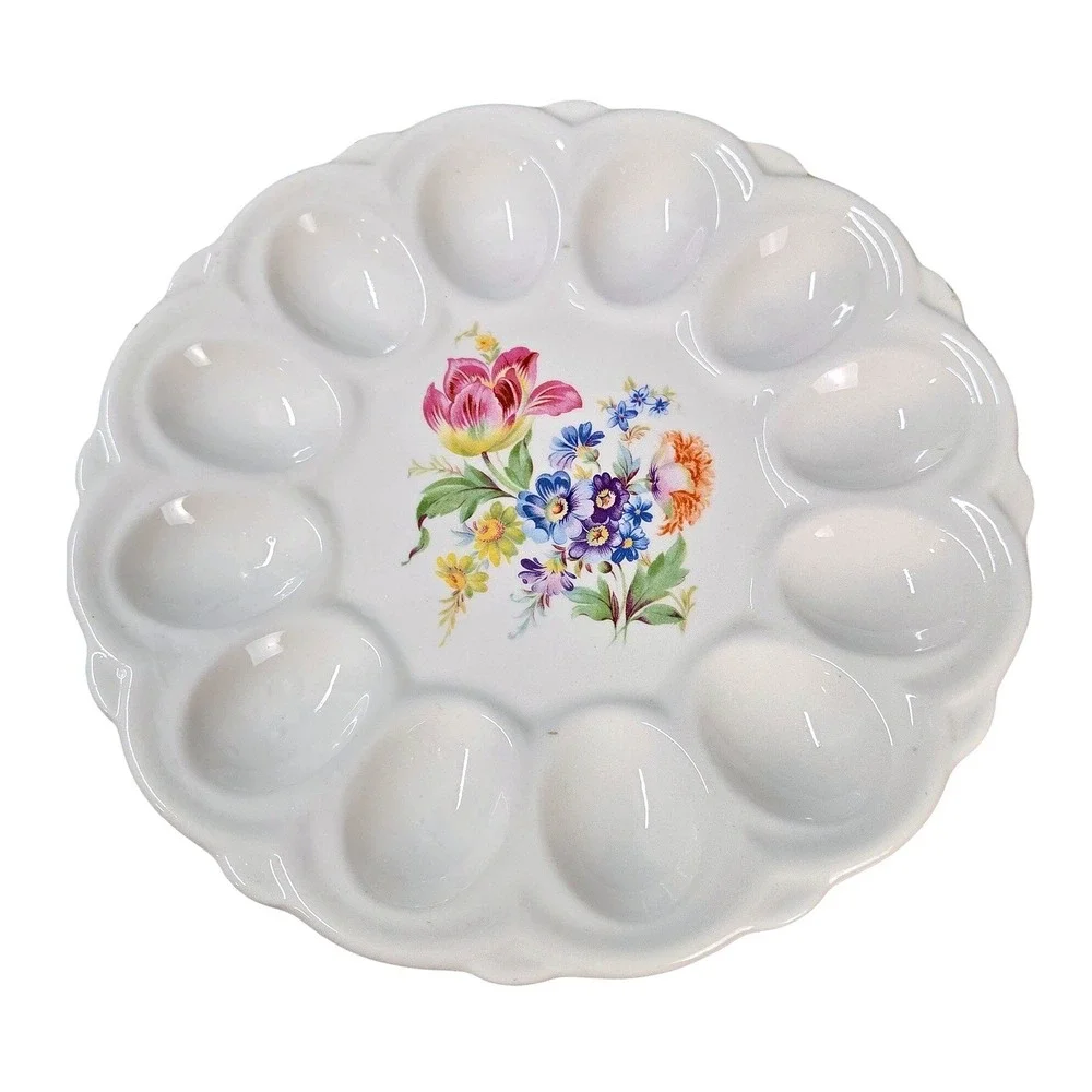 Vintage Ebeling & Reuss E&R Floral Deviled Egg Plate 12 Well Scalloped Cottage
